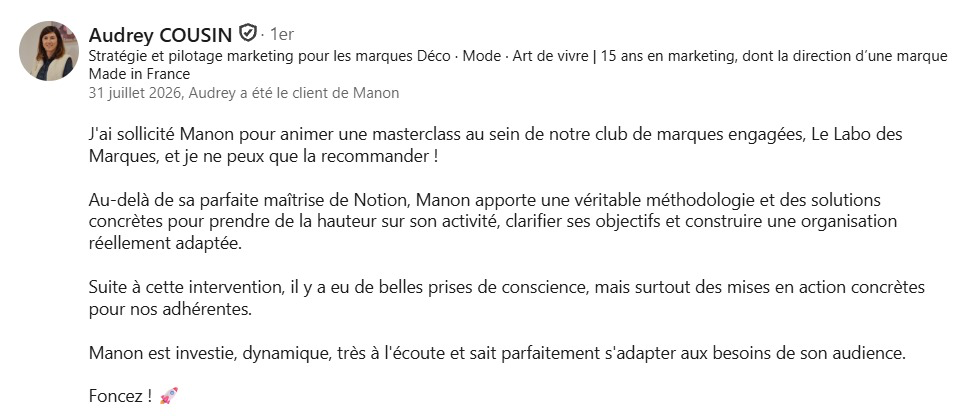 Recommandation LinkedIn d'Audrey Cousin